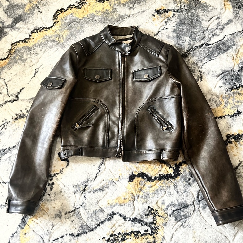 Refuge Brown Cropped Motorcycle PU Jacket